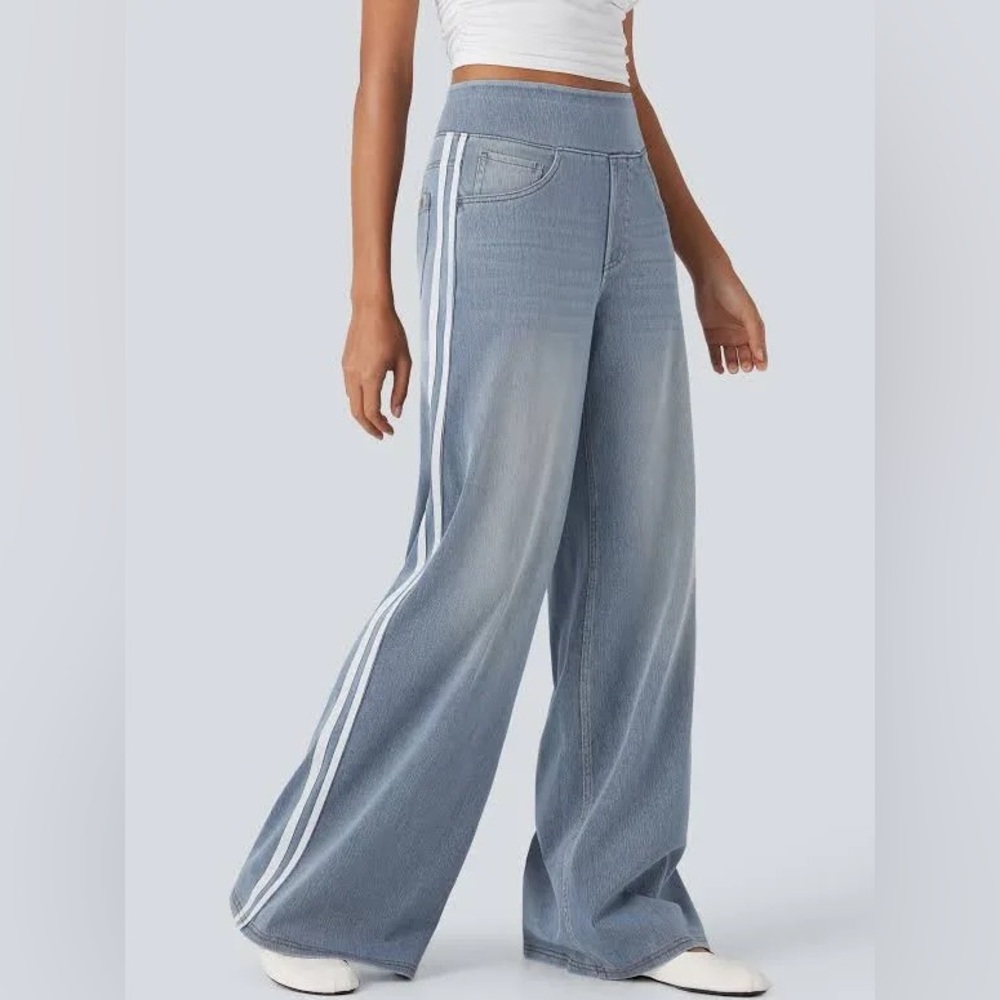 💙 New! HALARA Light Blue Wide Leg Stripe Stretchy Pull On Elastic Waist Jeans